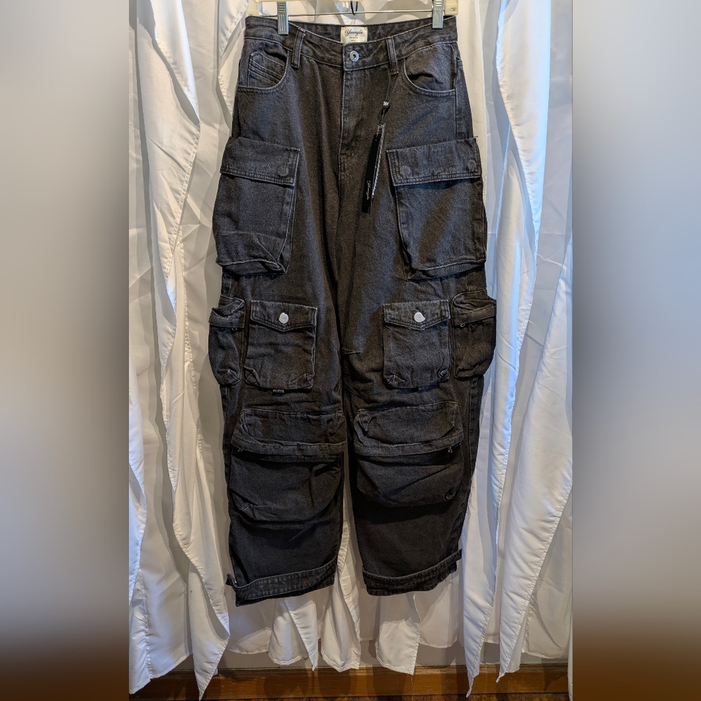 B1 YoungLA Carryall Cargo Baggy Denim Jeans - Vintage Black - Size Small